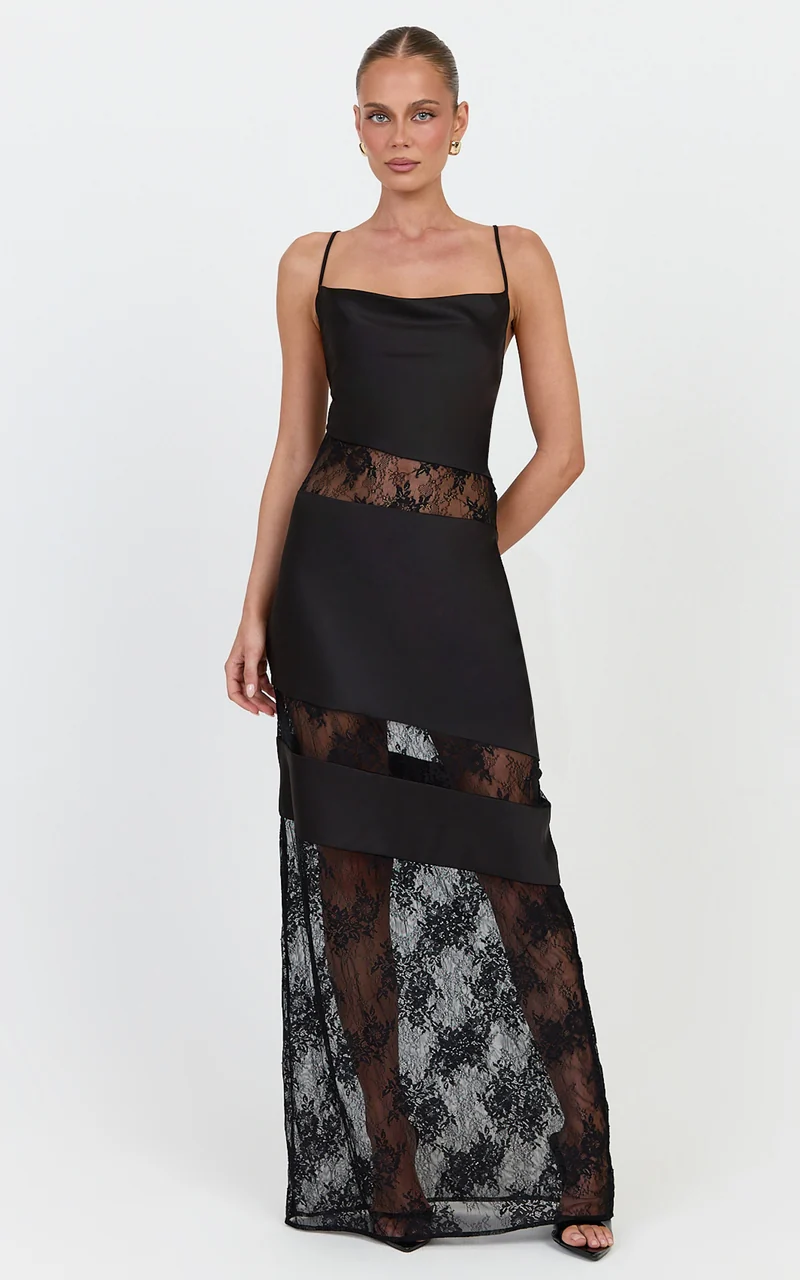 Emmeline Maxi Dress - Cowl Front Contrast Lace Tie Back Dress in Black