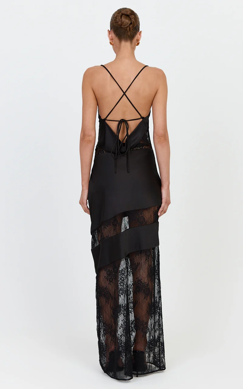 Emmeline Maxi Dress - Cowl Front Contrast Lace Tie Back Dress in Black