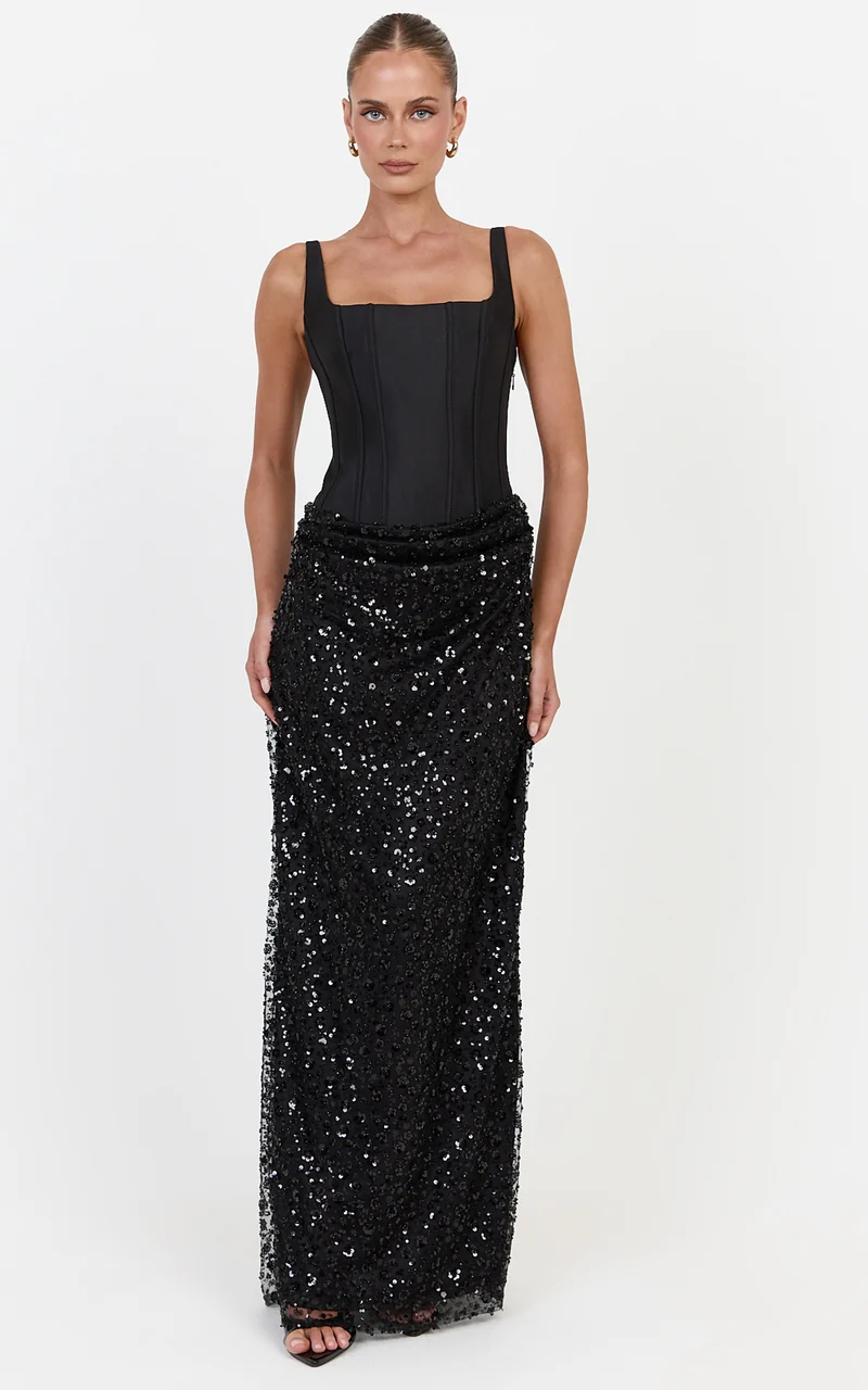 Ione Maxi Dress - Corset Bodice Dress With Contrast Sequin Skirt in Black