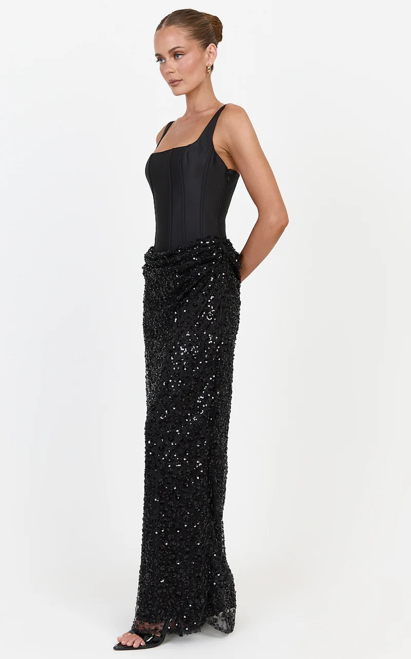 Ione Maxi Dress - Corset Bodice Dress With Contrast Sequin Skirt in Black