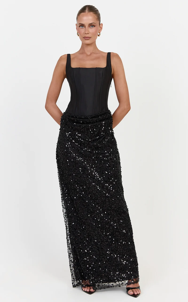 Ione Maxi Dress - Corset Bodice Dress With Contrast Sequin Skirt in Black
