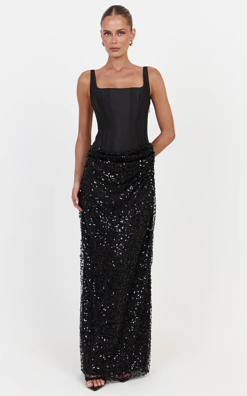 Ione Maxi Dress - Corset Bodice Dress With Contrast Sequin Skirt in Black