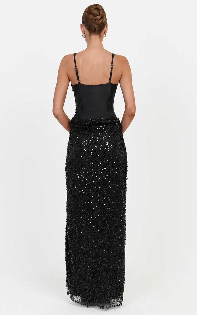 Ione Maxi Dress - Corset Bodice Dress With Contrast Sequin Skirt in Black