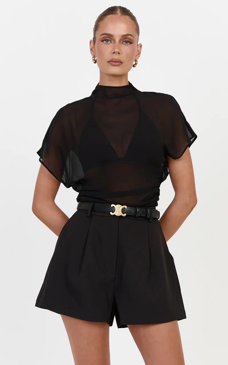 Oriel Top - Sheer Funnel Neck Short Sleeve Top With Waist Gathers in Black