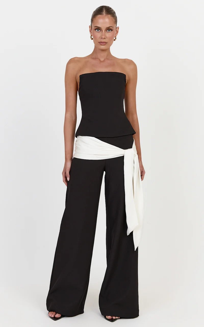 Talia Pants - Straight Leg Mid Rise Pants With Contrast Waist Tie in Black/Off White