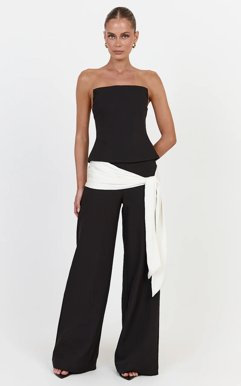 Talia Pants - Straight Leg Mid Rise Pants With Contrast Waist Tie in Black/Off White