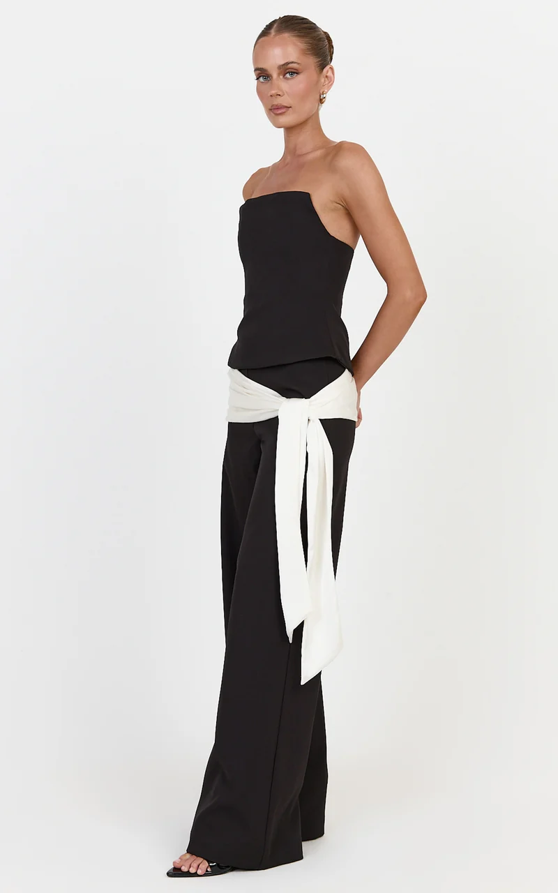 Talia Pants - Straight Leg Mid Rise Pants With Contrast Waist Tie in Black/Off White