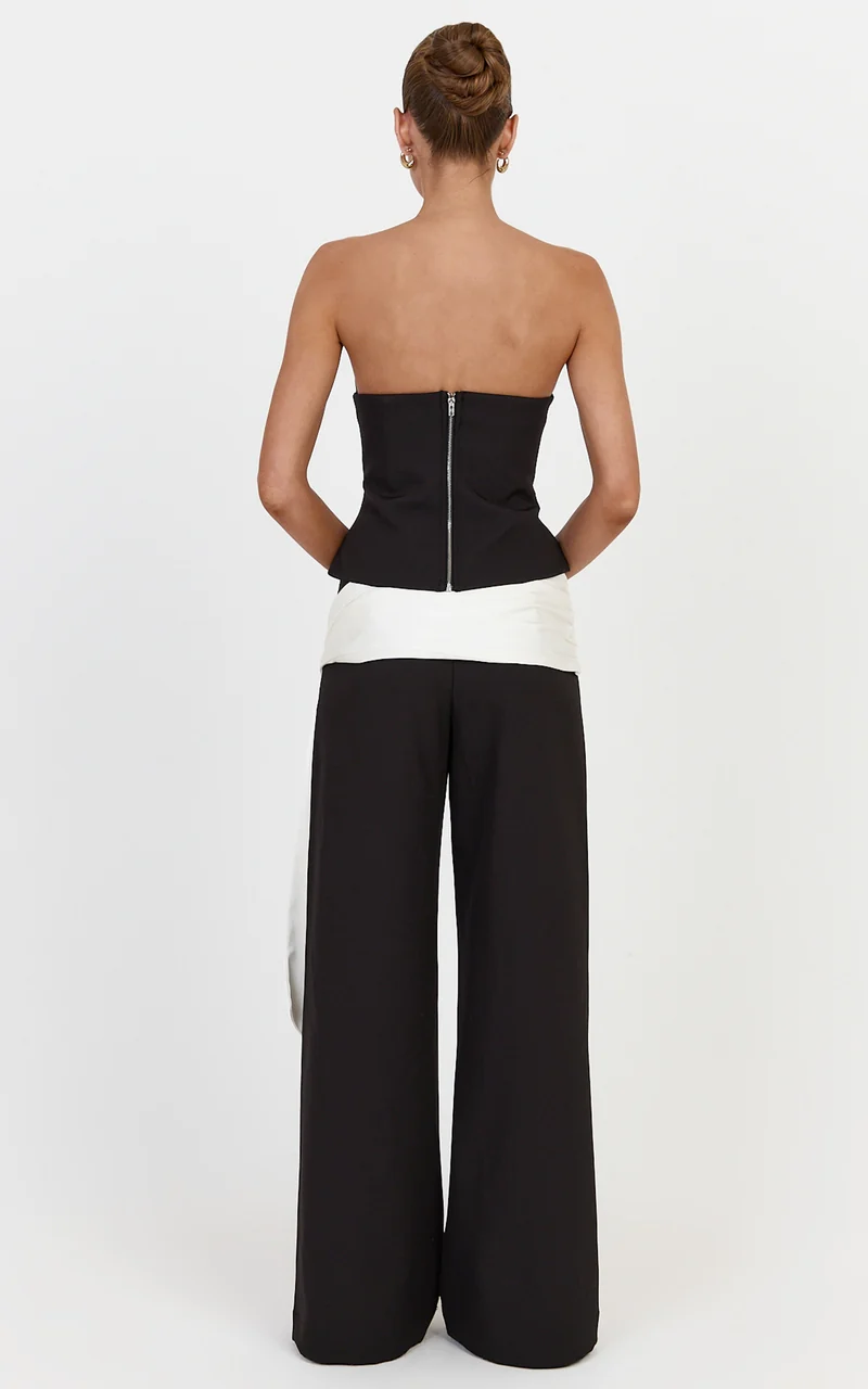 Talia Pants - Straight Leg Mid Rise Pants With Contrast Waist Tie in Black/Off White
