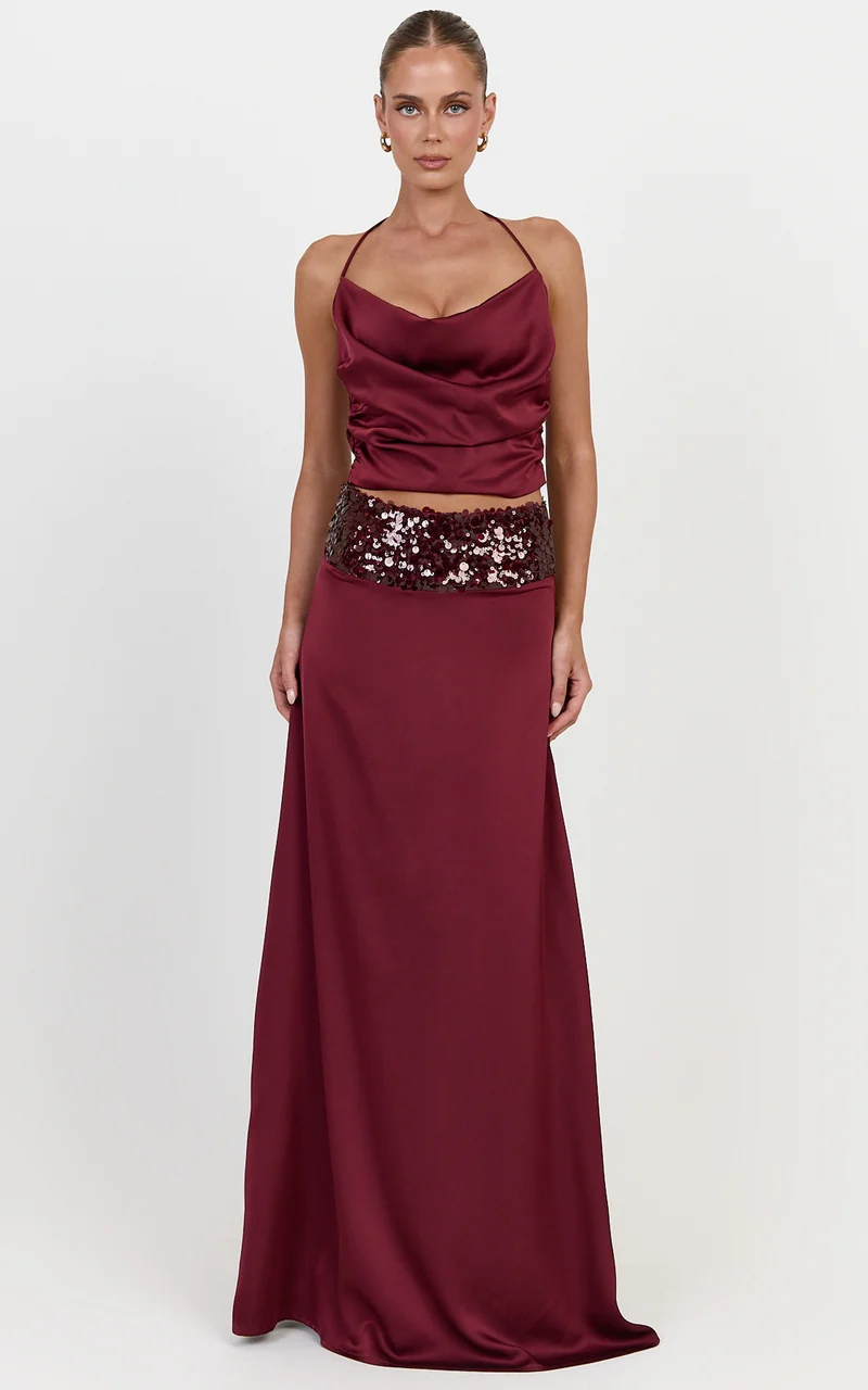 Ella Two Piece Top and Skirt Set - Satin Halter Top And Contrast Sequin Waist Maxi Skirt Set in Wine