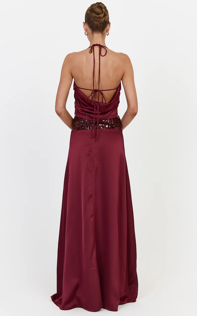 Ella Two Piece Top and Skirt Set - Satin Halter Top And Contrast Sequin Waist Maxi Skirt Set in Wine