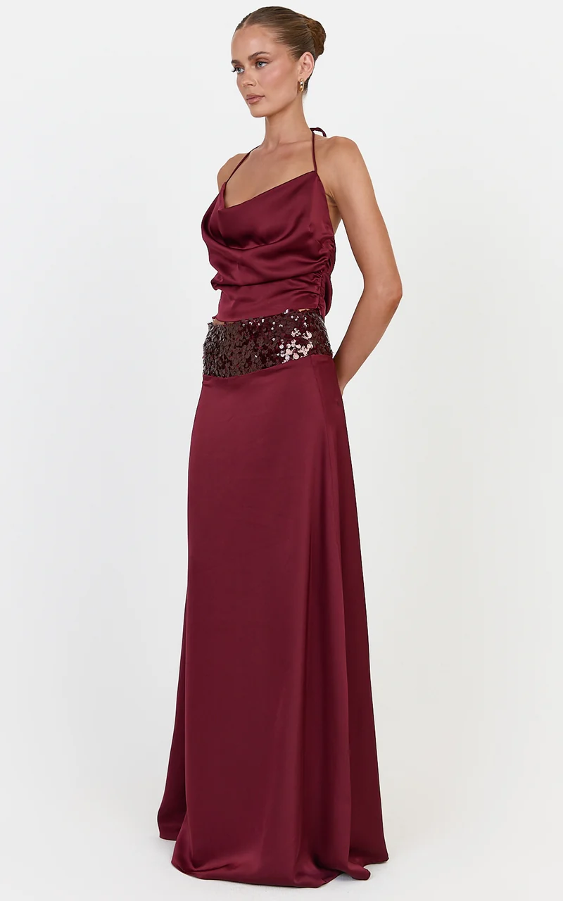 Ella Two Piece Top and Skirt Set - Satin Halter Top And Contrast Sequin Waist Maxi Skirt Set in Wine