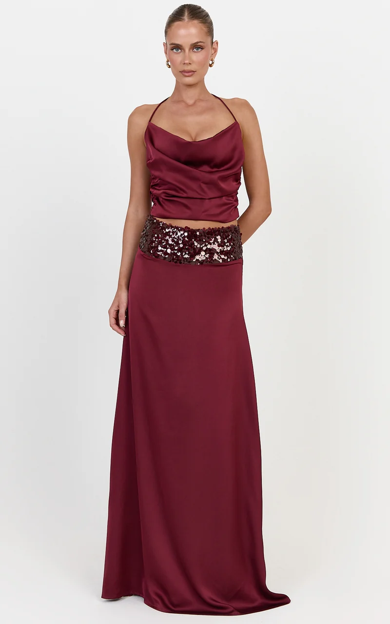 Ella Two Piece Top and Skirt Set - Satin Halter Top And Contrast Sequin Waist Maxi Skirt Set in Wine