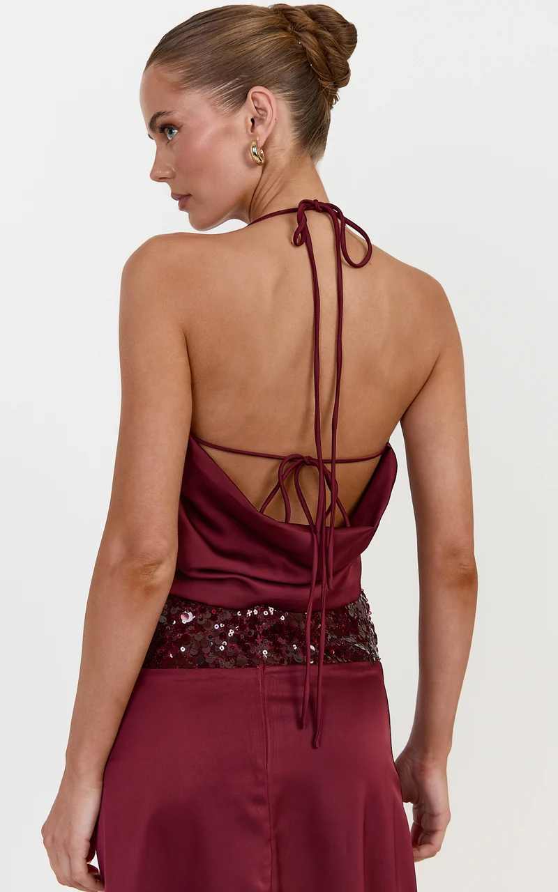 Ella Two Piece Top and Skirt Set - Satin Halter Top And Contrast Sequin Waist Maxi Skirt Set in Wine