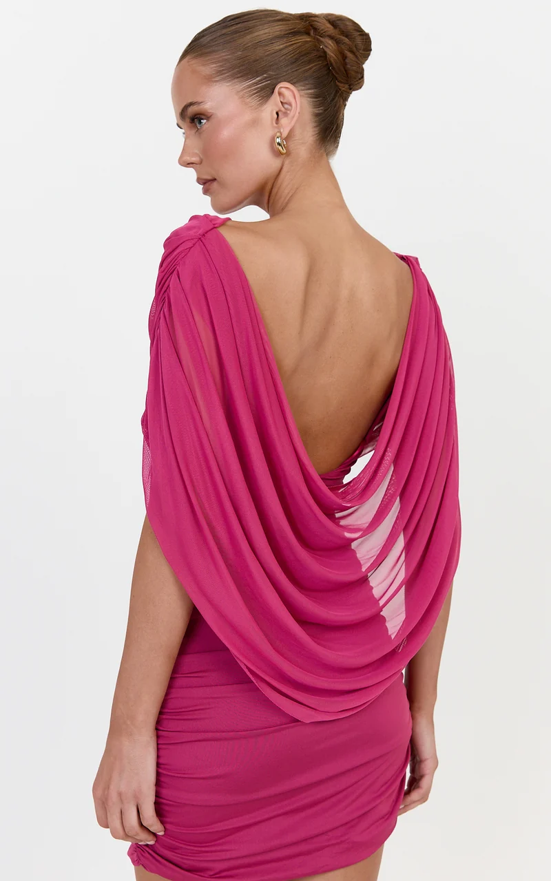 Evelyn Mini Dress - Cape Neckline Ruched Dress in Rose