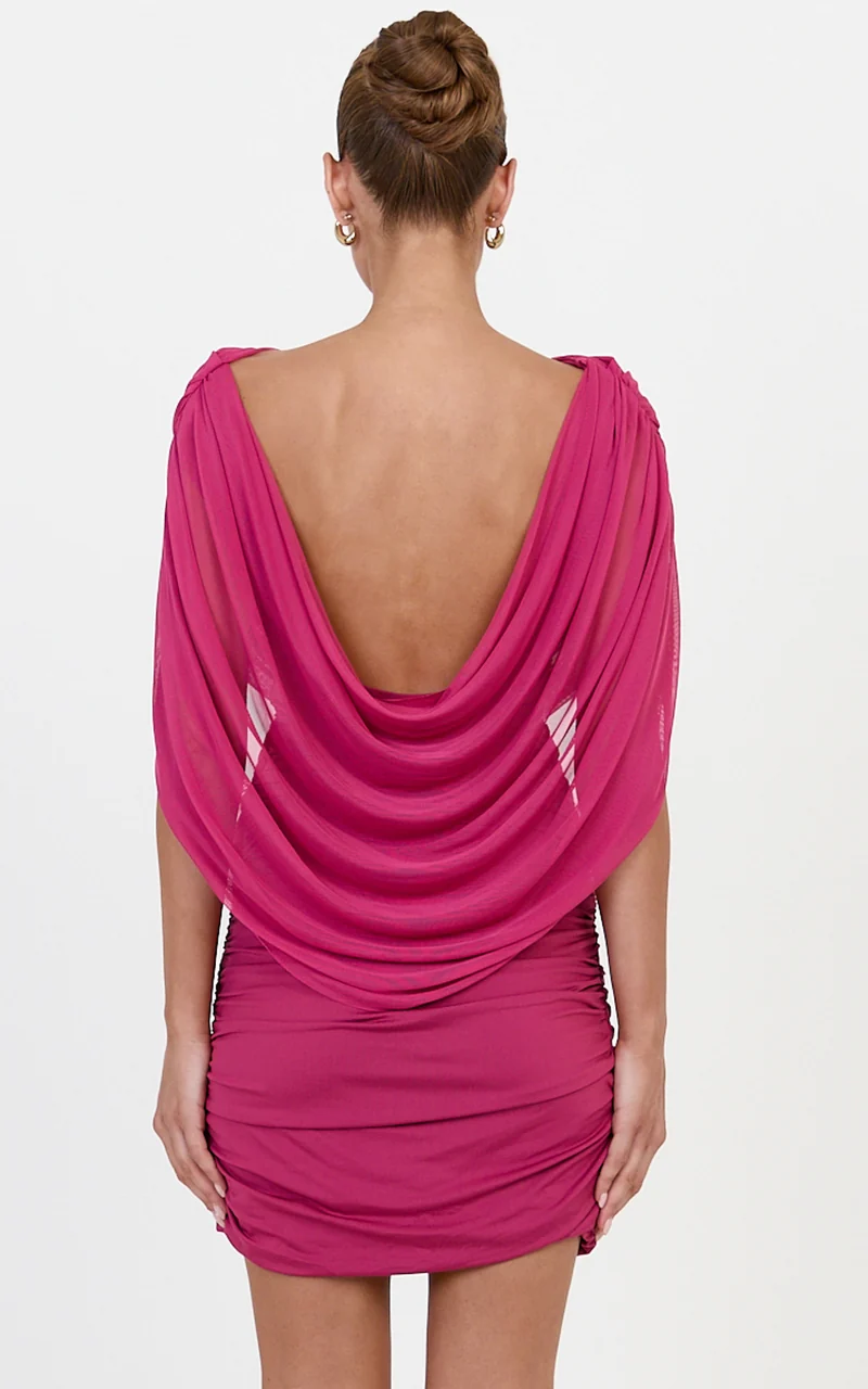 Evelyn Mini Dress - Cape Neckline Ruched Dress in Rose