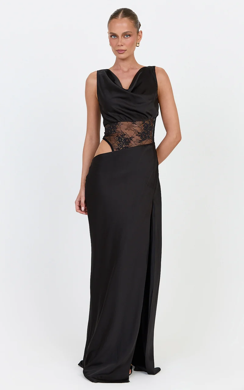 Natalia Maxi Dress - Cowl Neck Contrast Lace Side Cut Out Dress in Black