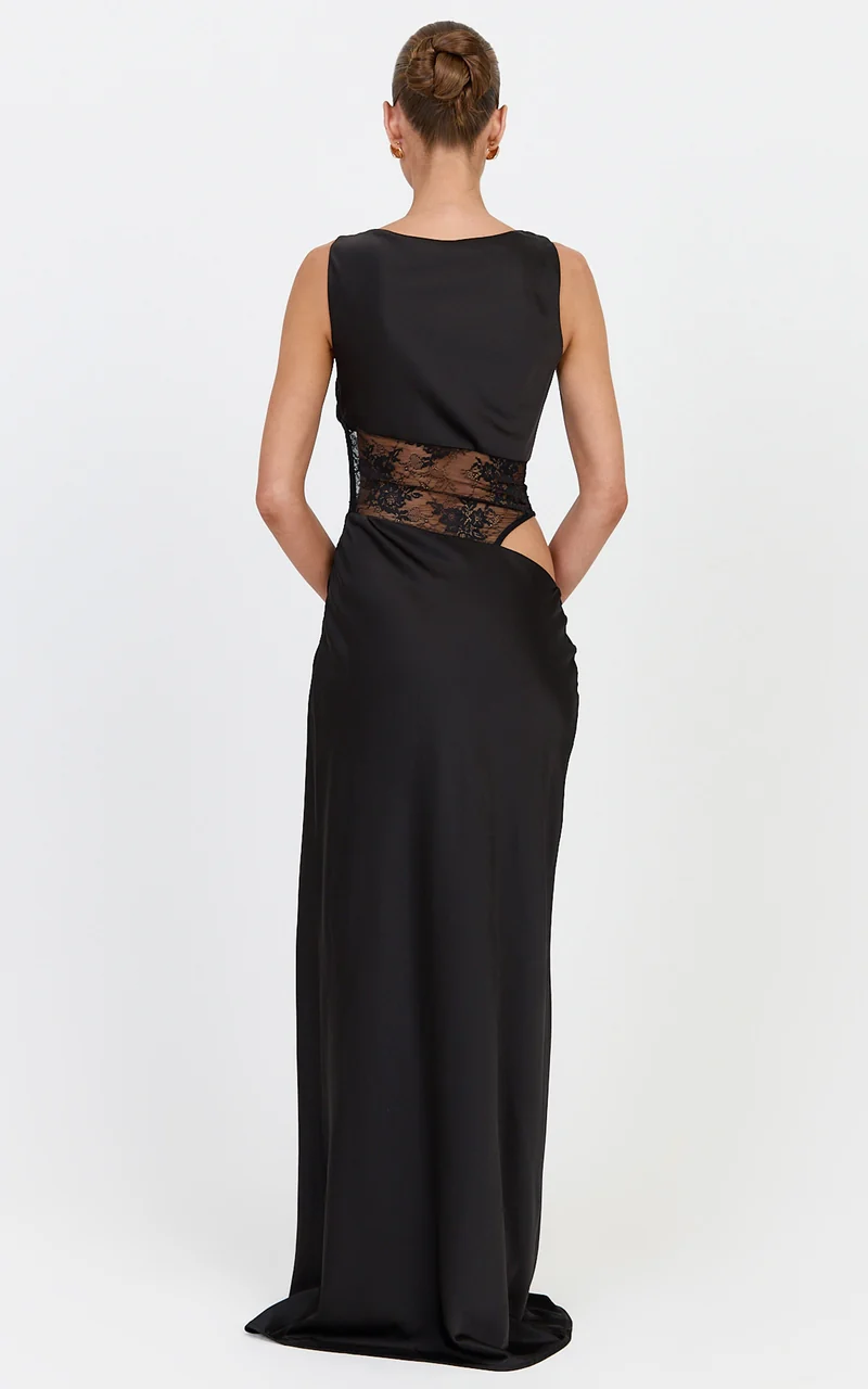 Natalia Maxi Dress - Cowl Neck Contrast Lace Side Cut Out Dress in Black