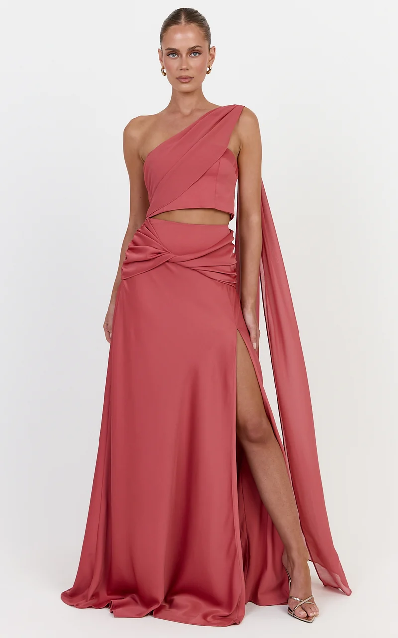 Olivia Two Piece Top and Skirt Set - Contrast One Shoulder Draped Top And Twist Waist Maxi Skirt Set in Rose