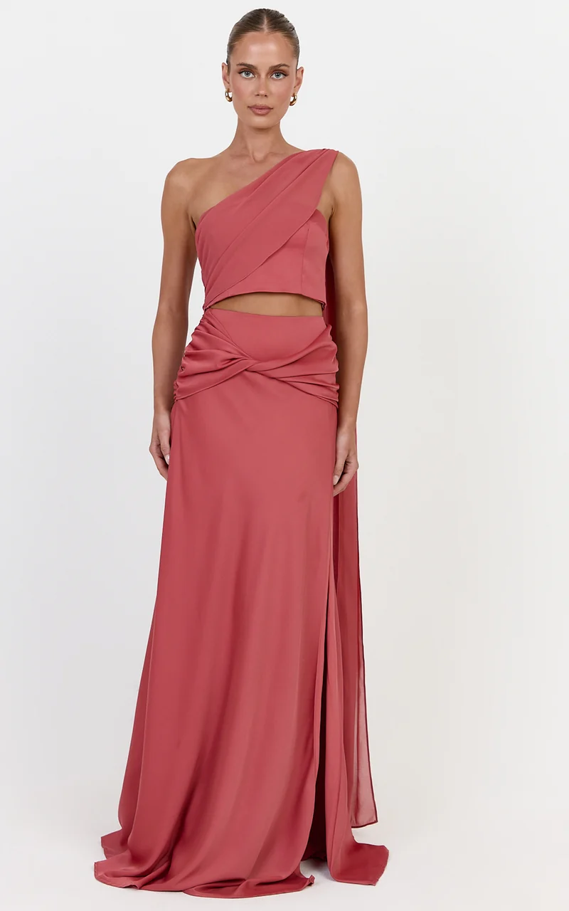 Olivia Two Piece Top and Skirt Set - Contrast One Shoulder Draped Top And Twist Waist Maxi Skirt Set in Rose