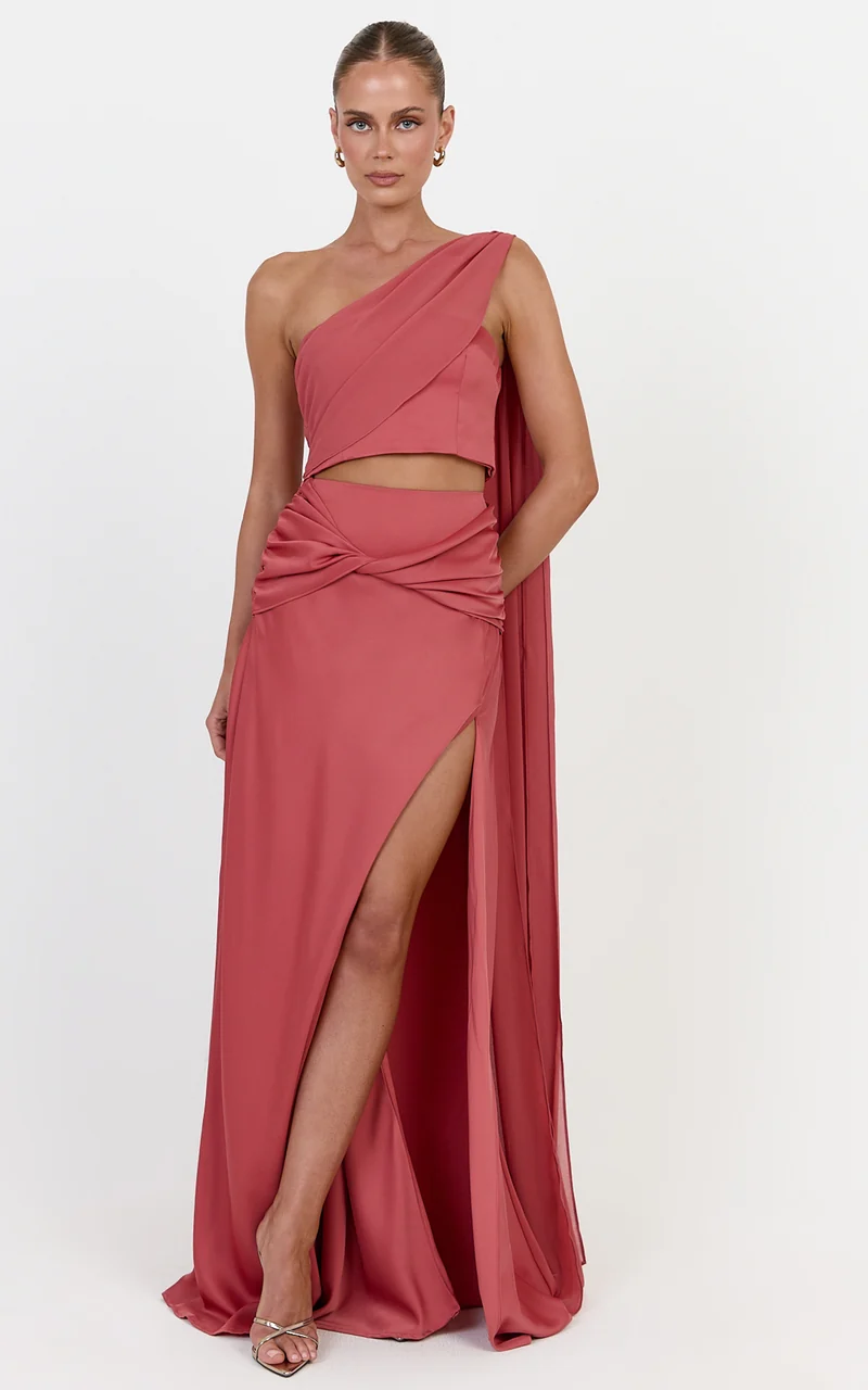 Olivia Two Piece Top and Skirt Set - Contrast One Shoulder Draped Top And Twist Waist Maxi Skirt Set in Rose