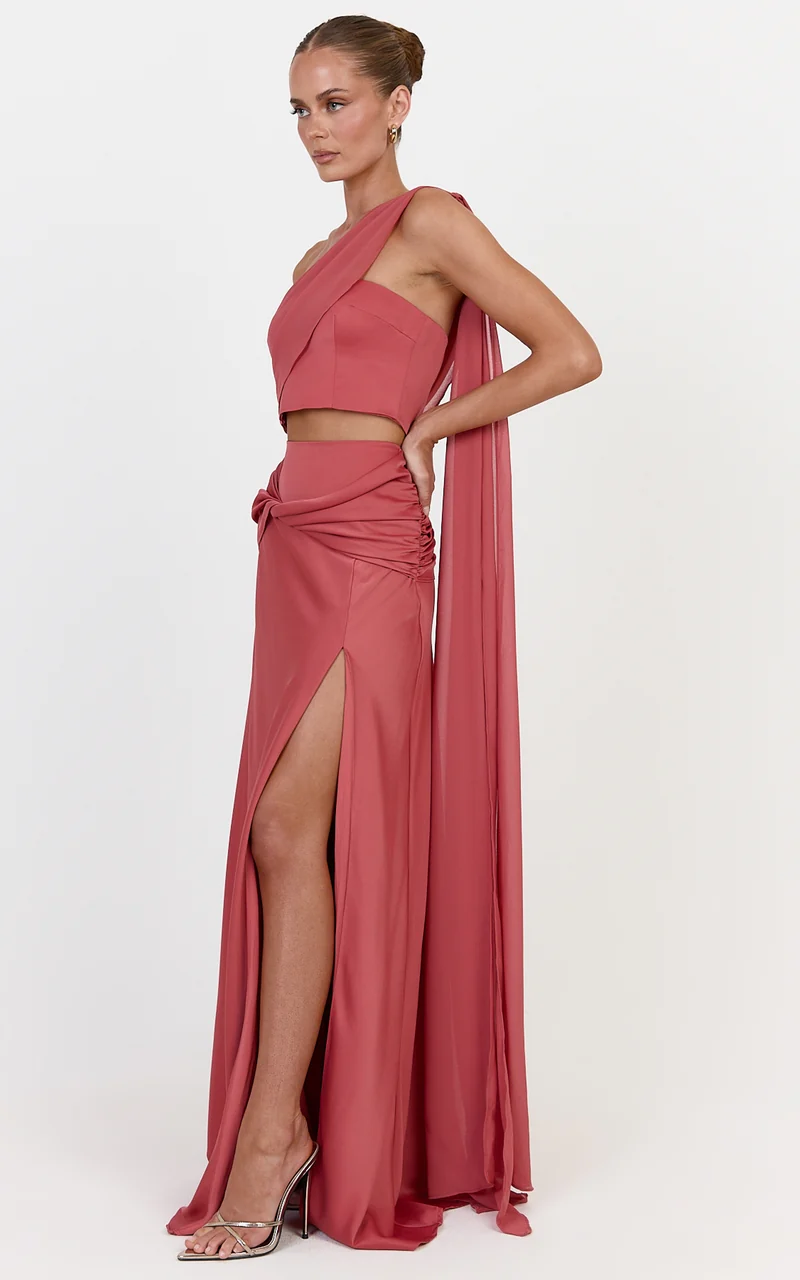 Olivia Two Piece Top and Skirt Set - Contrast One Shoulder Draped Top And Twist Waist Maxi Skirt Set in Rose
