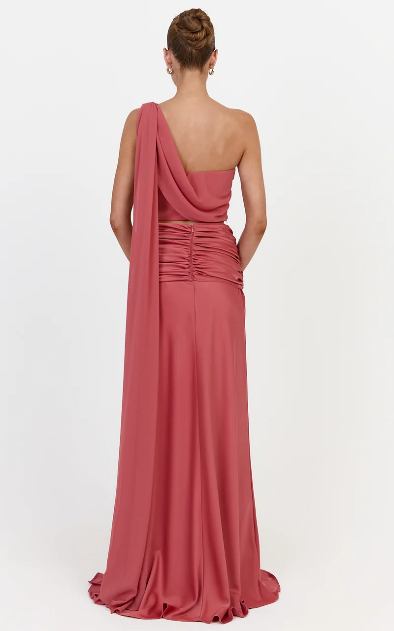 Olivia Two Piece Top and Skirt Set - Contrast One Shoulder Draped Top And Twist Waist Maxi Skirt Set in Rose