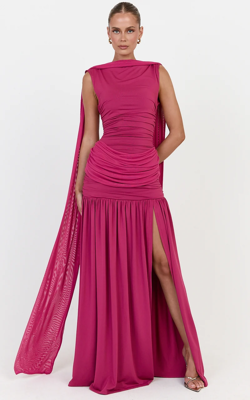 Evelyn Maxi Dress - Ruched Boat Neck Dress With Cape And Leg Split in Rose