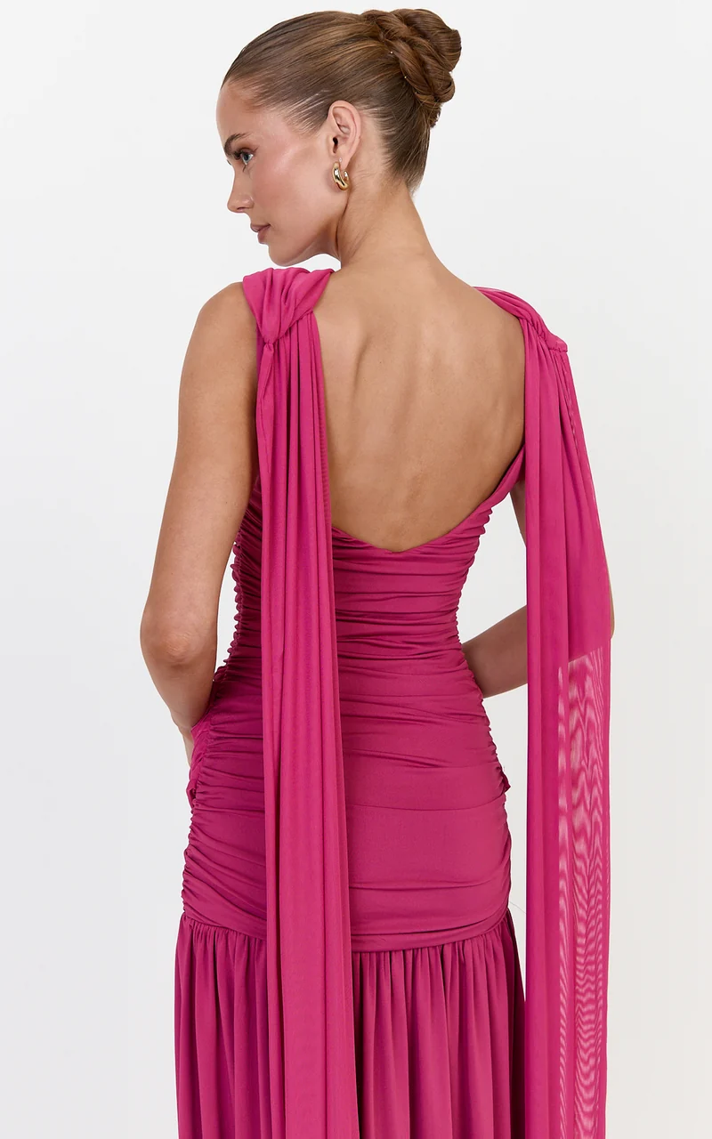 Evelyn Maxi Dress - Ruched Boat Neck Dress With Cape And Leg Split in Rose