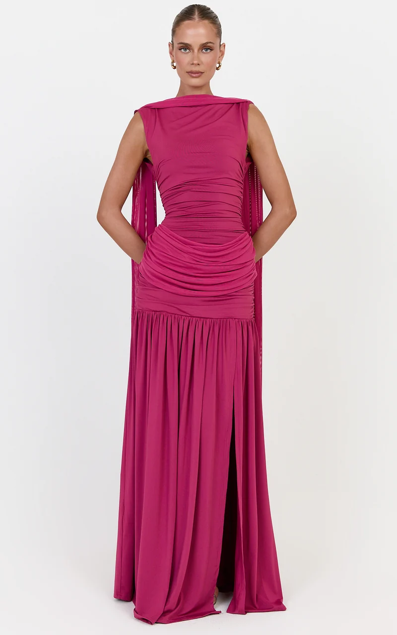 Evelyn Maxi Dress - Ruched Boat Neck Dress With Cape And Leg Split in Rose