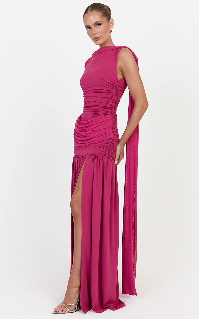 Evelyn Maxi Dress - Ruched Boat Neck Dress With Cape And Leg Split in Rose