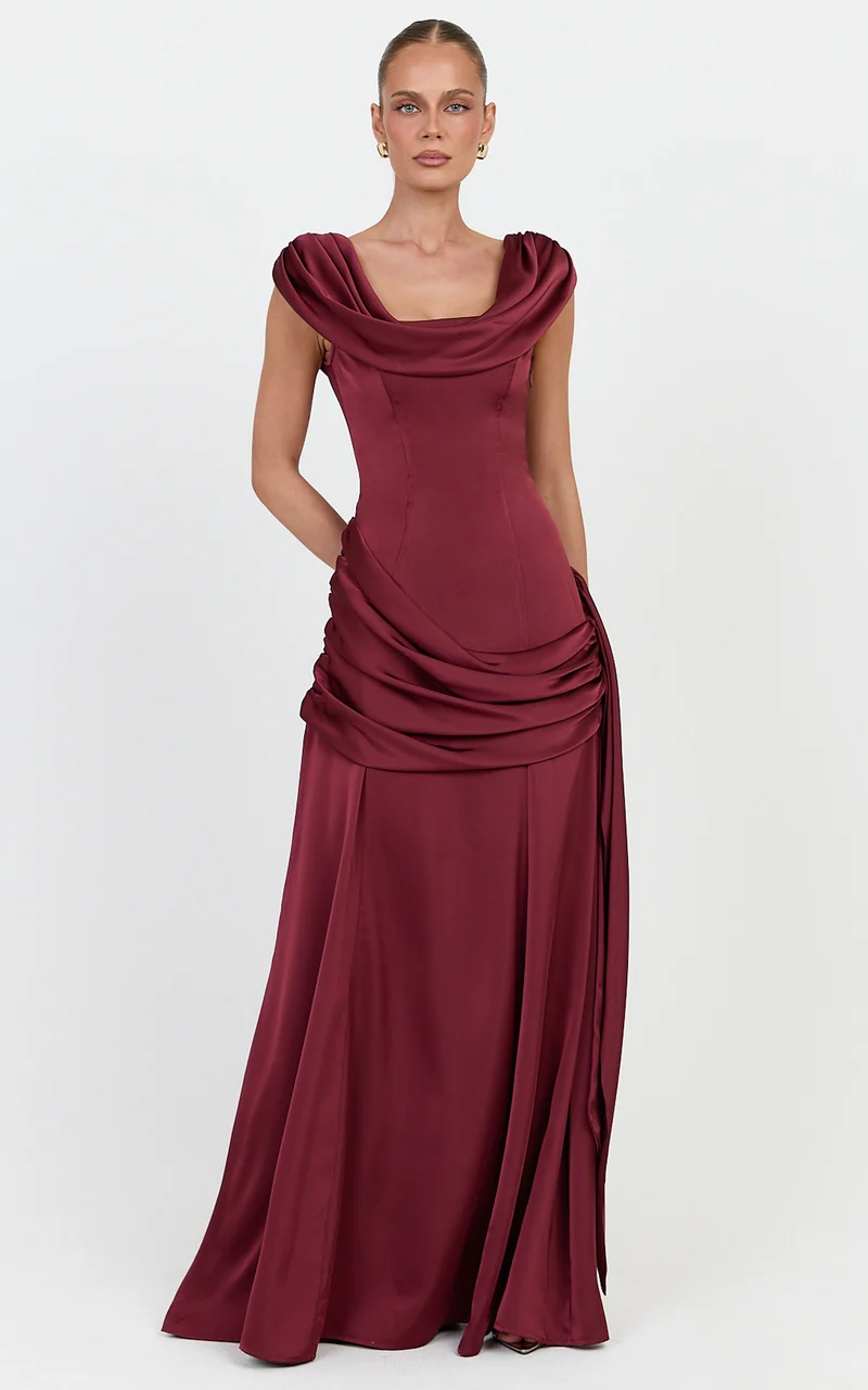 Joni Maxi Dress - Off The Shoulder Draped Dress in Wine
