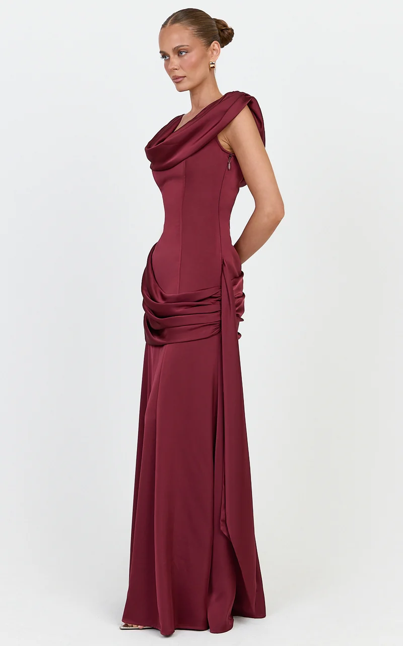 Joni Maxi Dress - Off The Shoulder Draped Dress in Wine