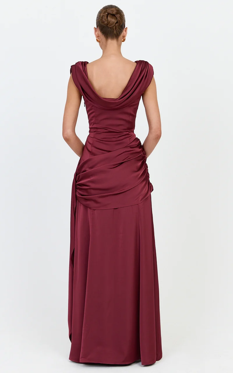Joni Maxi Dress - Off The Shoulder Draped Dress in Wine