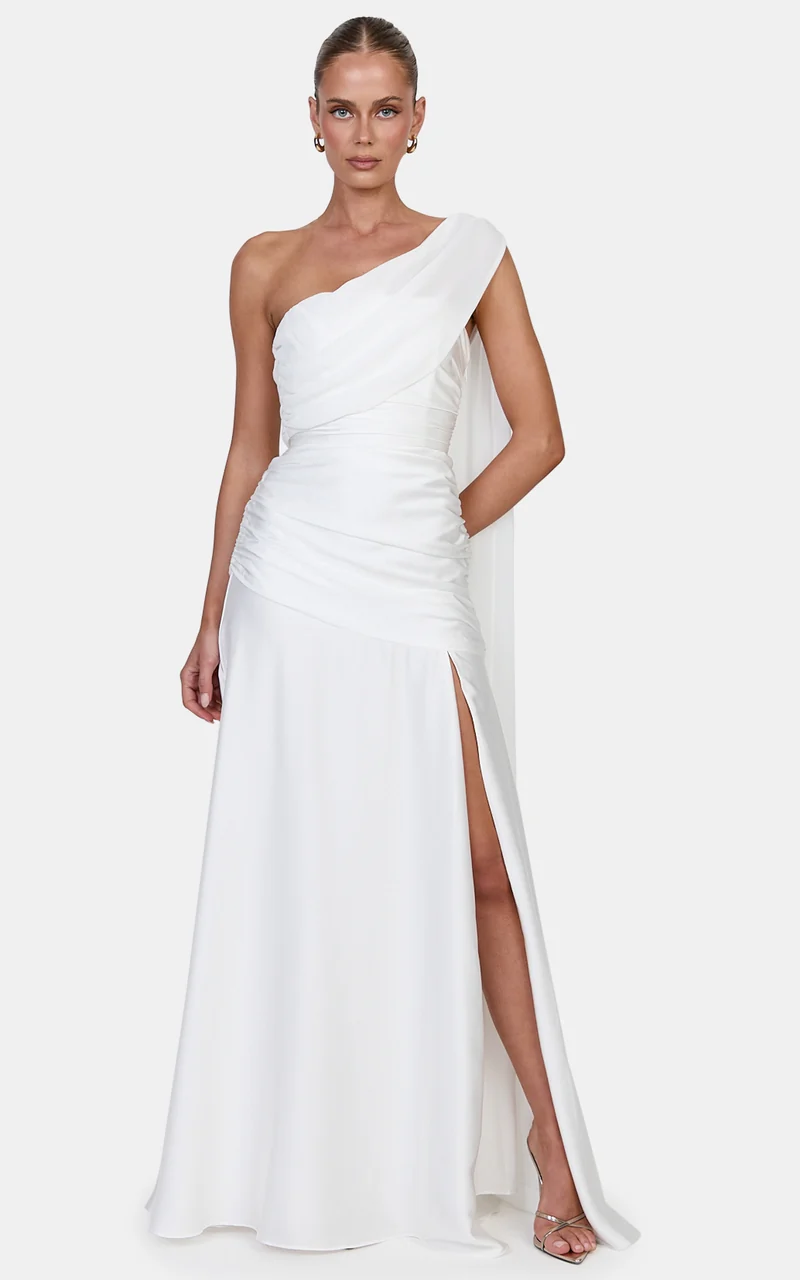 Nora Maxi Dress - Fit And Flare Dress With Leg Split And Asym Shoulder Drape in White