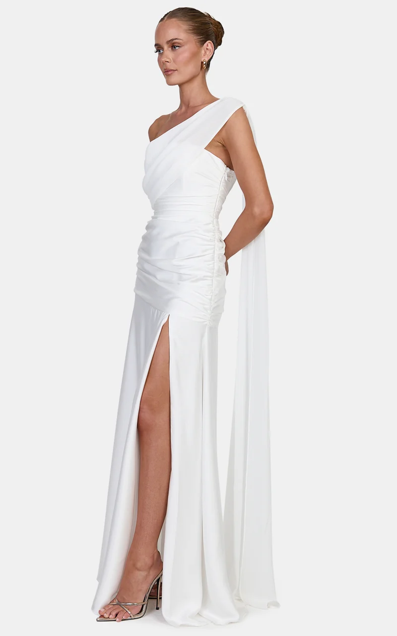Nora Maxi Dress - Fit And Flare Dress With Leg Split And Asym Shoulder Drape in White