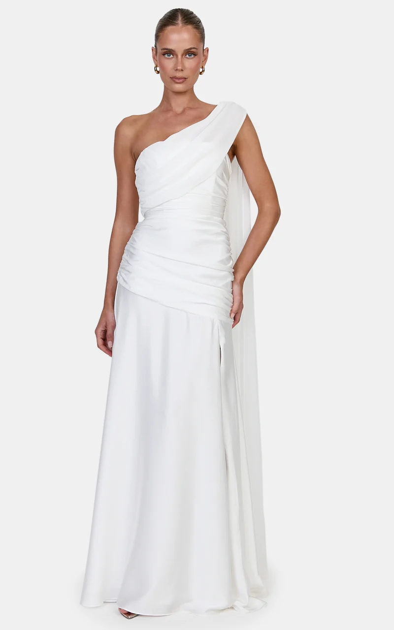 Nora Maxi Dress - Fit And Flare Dress With Leg Split And Asym Shoulder Drape in White