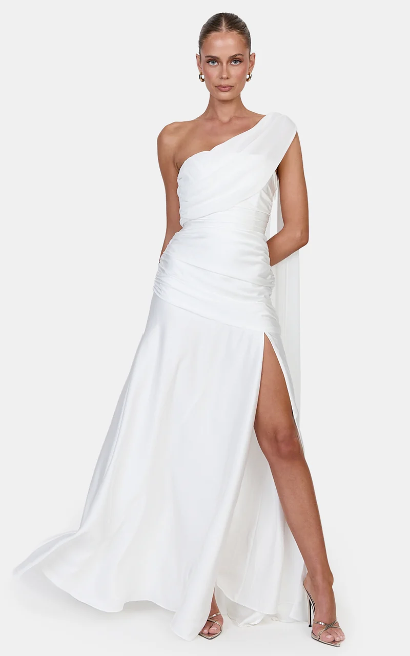 Nora Maxi Dress - Fit And Flare Dress With Leg Split And Asym Shoulder Drape in White