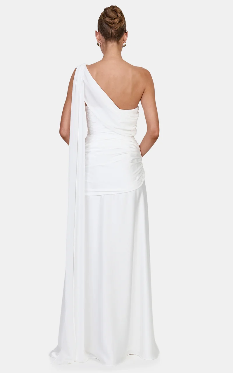 Nora Maxi Dress - Fit And Flare Dress With Leg Split And Asym Shoulder Drape in White