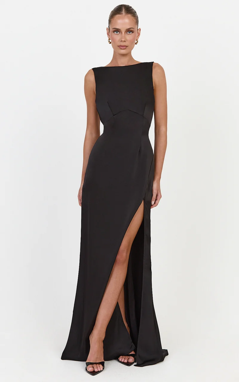 Hope Maxi Dress - Boat Neck Dress With Open Back And Leg Split in Black