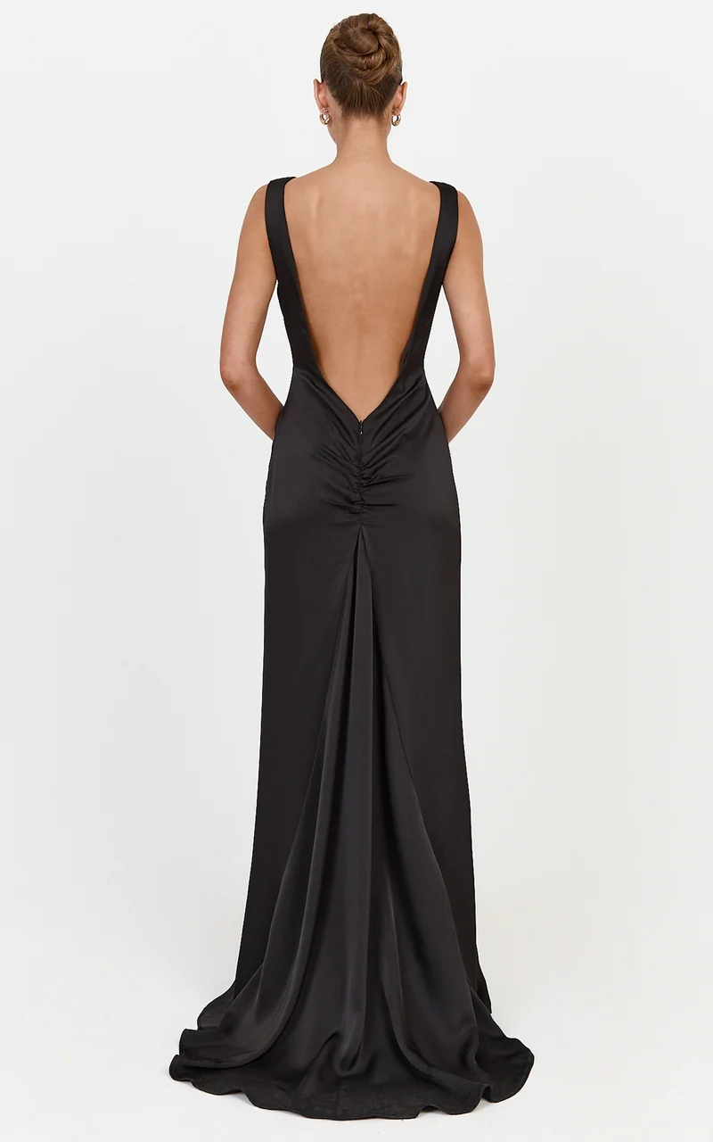 Hope Maxi Dress - Boat Neck Dress With Open Back And Leg Split in Black