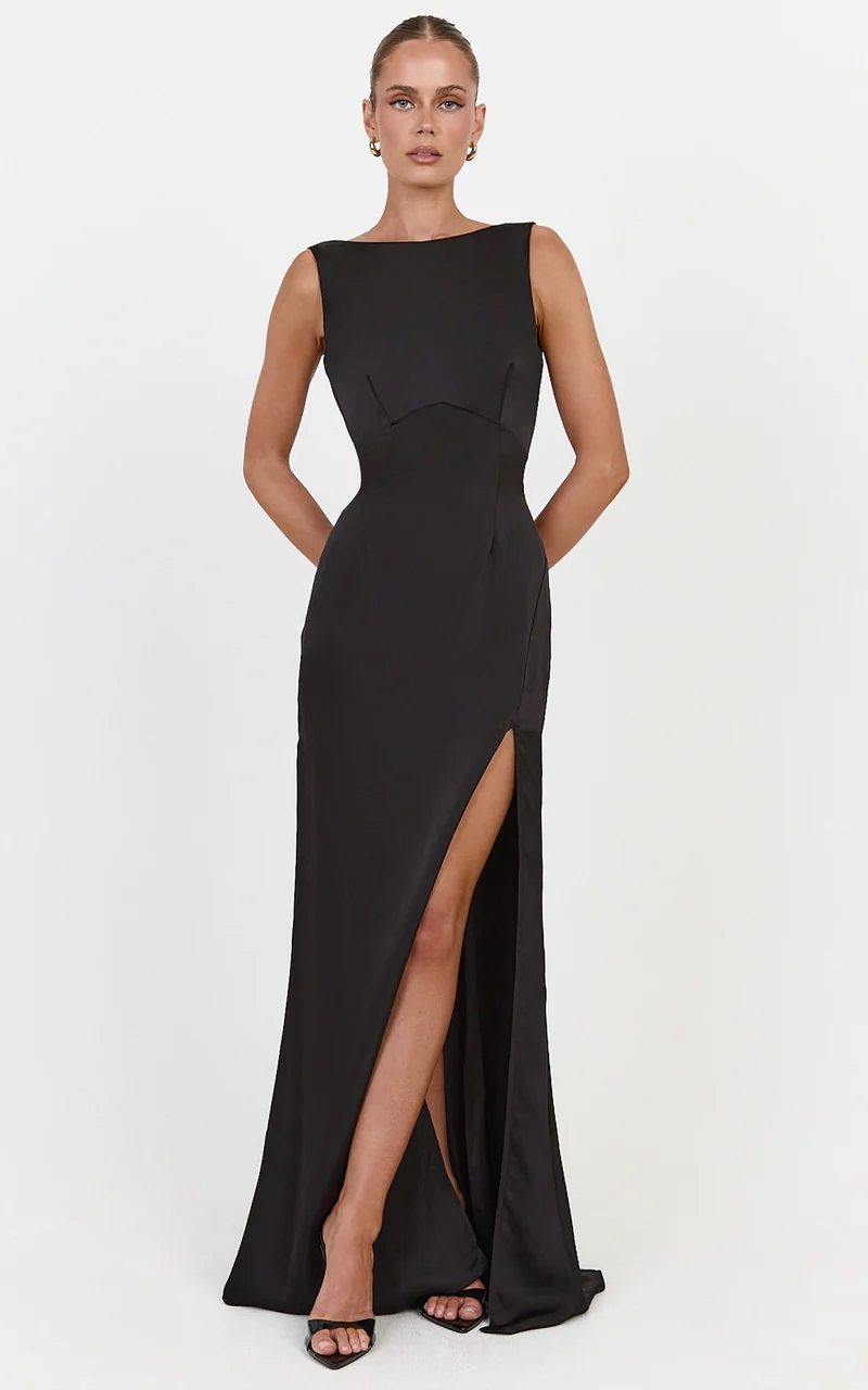 Hope Maxi Dress - Boat Neck Dress With Open Back And Leg Split in Black