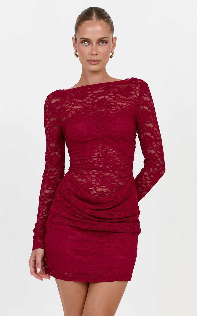 Skye Mini Dress - Lace Long Sleeve Draped Skirt Dress in Wine