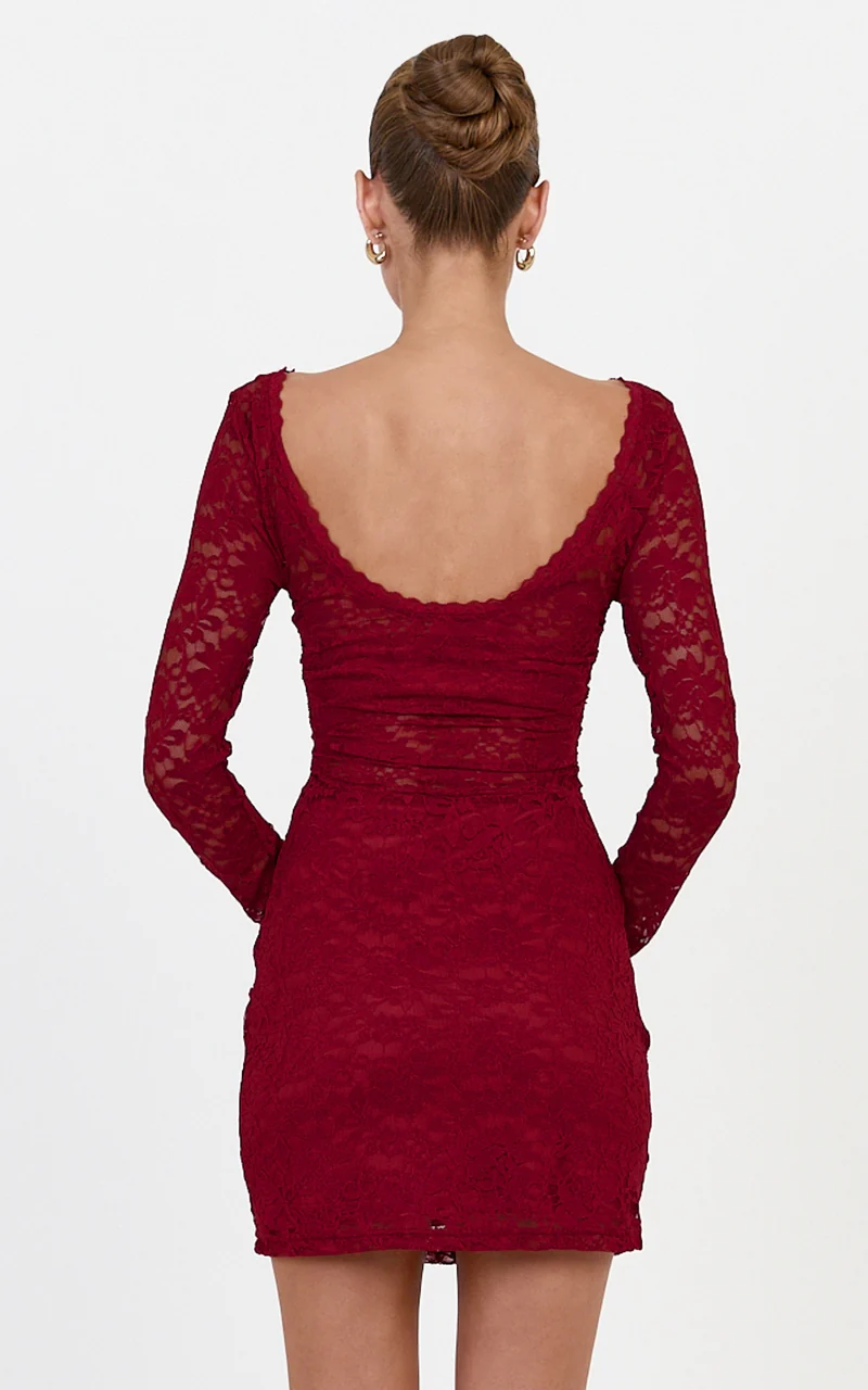 Skye Mini Dress - Lace Long Sleeve Draped Skirt Dress in Wine