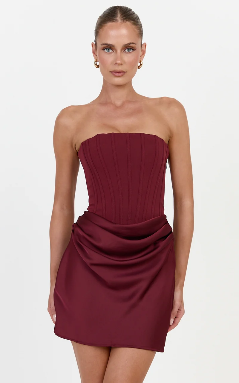 Kailani Mini Dress - Strapless Corset Bodice Lace Up Back Dress in Wine