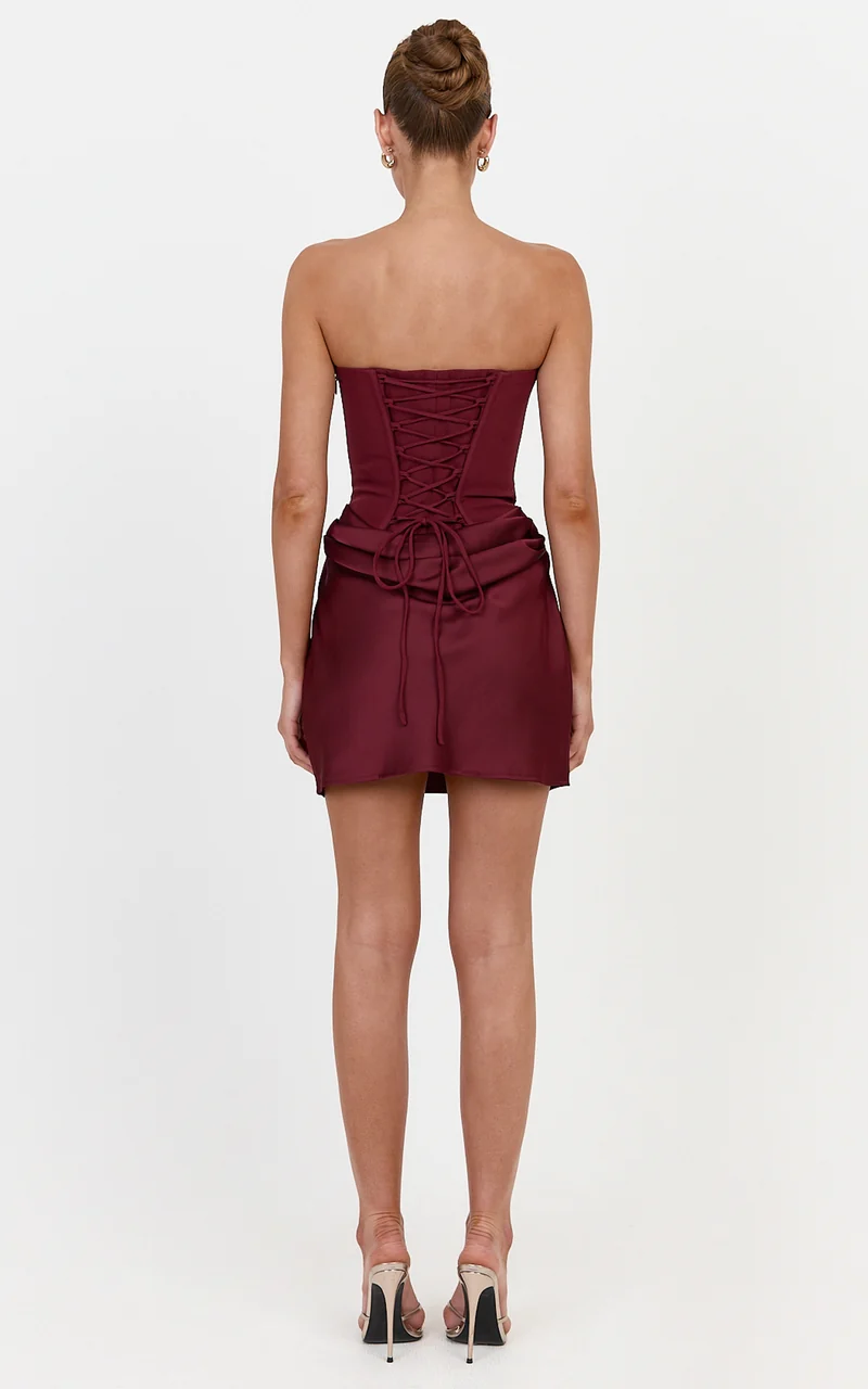 Kailani Mini Dress - Strapless Corset Bodice Lace Up Back Dress in Wine