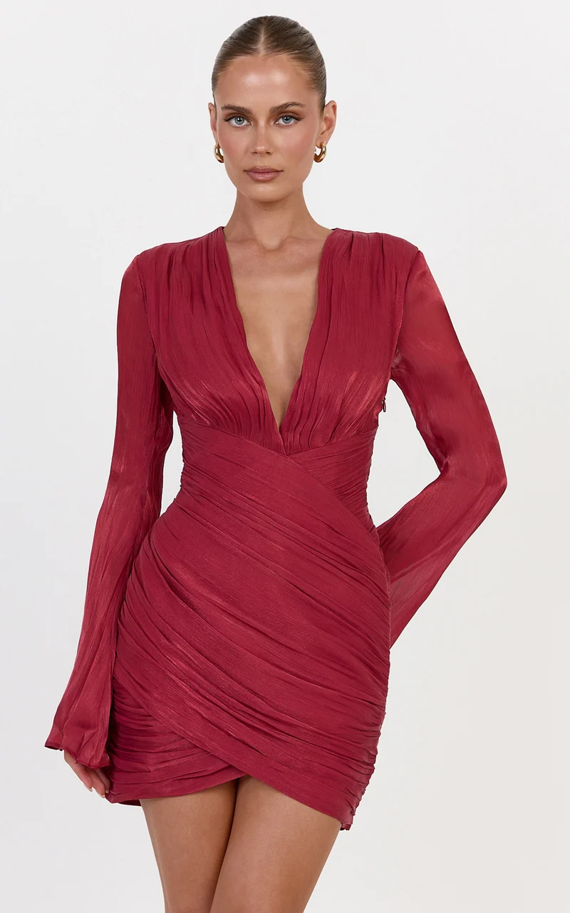 Zella Mini Dress - Plunge Neckline Long Sleeve Dress in Wine