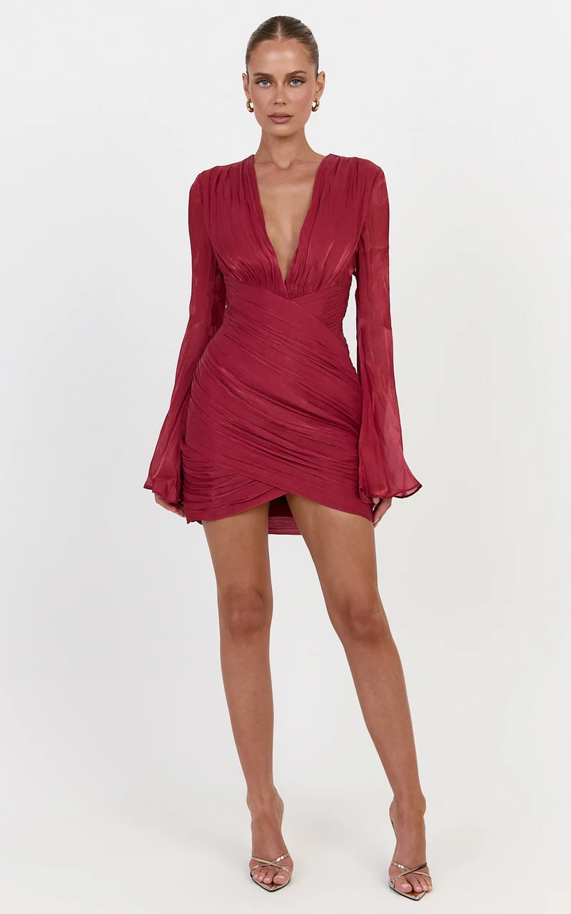 Zella Mini Dress - Plunge Neckline Long Sleeve Dress in Wine