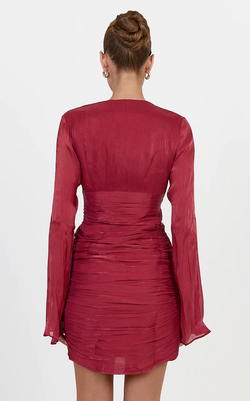 Zella Mini Dress - Plunge Neckline Long Sleeve Dress in Wine