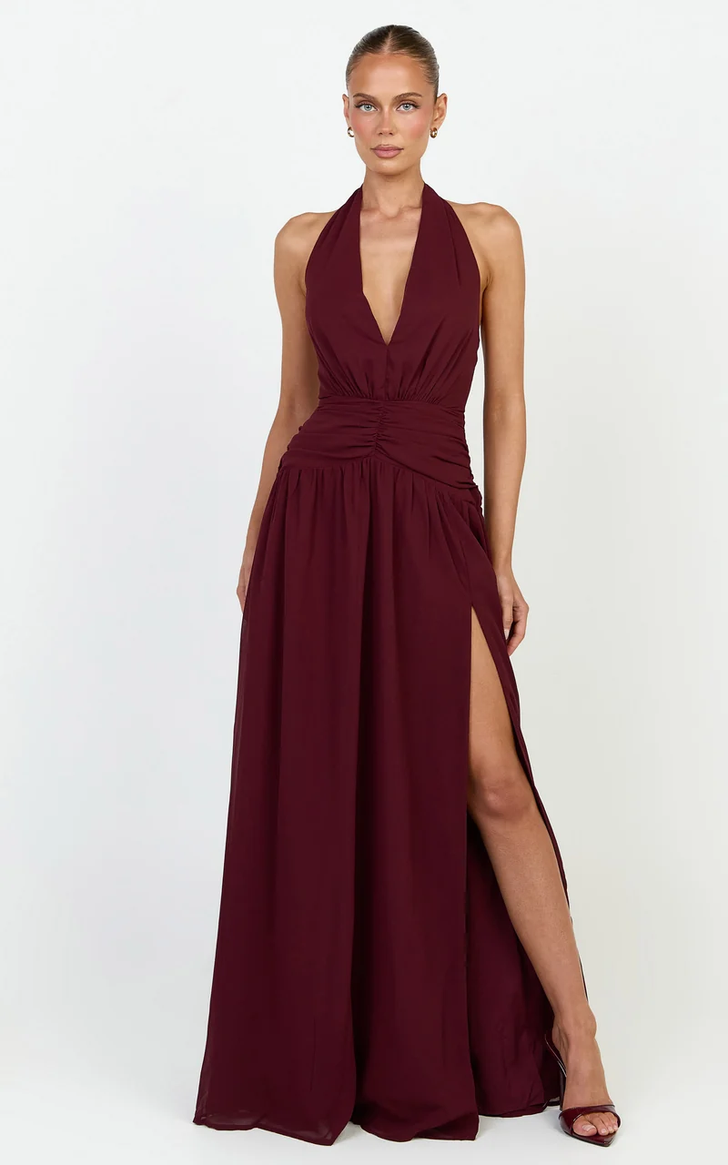Nova Maxi Dress - Plunge Neckline Backless Georgette Dress in Wine