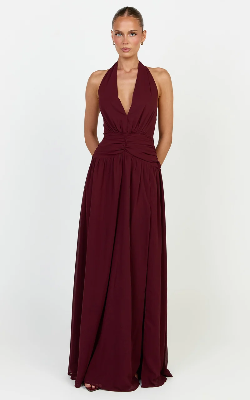 Nova Maxi Dress - Plunge Neckline Backless Georgette Dress in Wine